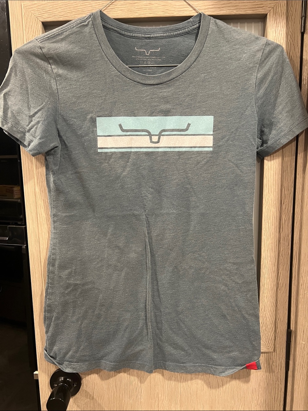Kimes Ranch Women's Slate Blue Graphic Tee with Mint and White Stripes